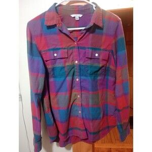 LL Bean Purple Blue Plaid Fleece Lined Flannel Snap Shirt‎ Jacket Shacket Medium